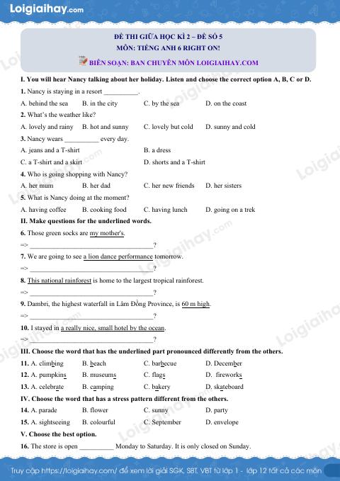 Đề thi giữa kì 2 Tiếng Anh 6 Right on! - Đề số 5